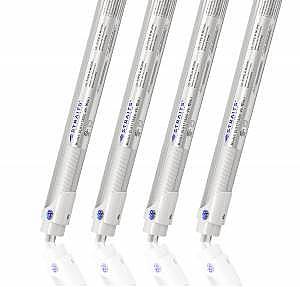 
Four X-series LED tubes with a frosted lens with blue lettering that's branding the manufacturer Straits Lighting