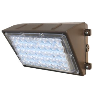 Wall mounted LED lighting fixture with a standard design in a fixed position for broad area lighting