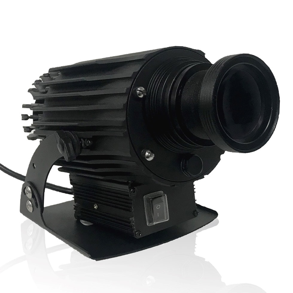 Black LED camera shaped projector used to display warning logos for worker safety