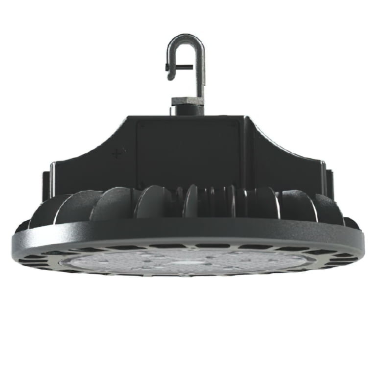 Round shaped lighting fixture known as a UFO high bay