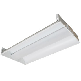 The Tri-Line LED Troffer Light by Straits Lighting. This 2x4 fixture has a rectangular shaped design and uses two LED bulbs.