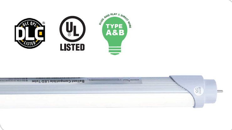 A single T8 X-series LED tube light by Straits Lighting. These lights are labeled as type A & B and UL & DLC QPL listed.