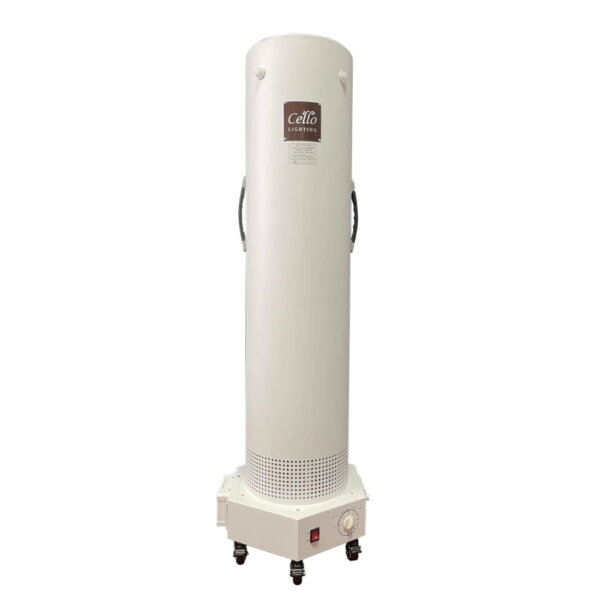 A Cello 4-in-1 UV air filter unit is shown standing vertically with its pivoting wheels and controls on the bottom of the unit. Handles are mounted on the sides of the unit for ease of movement and transport.