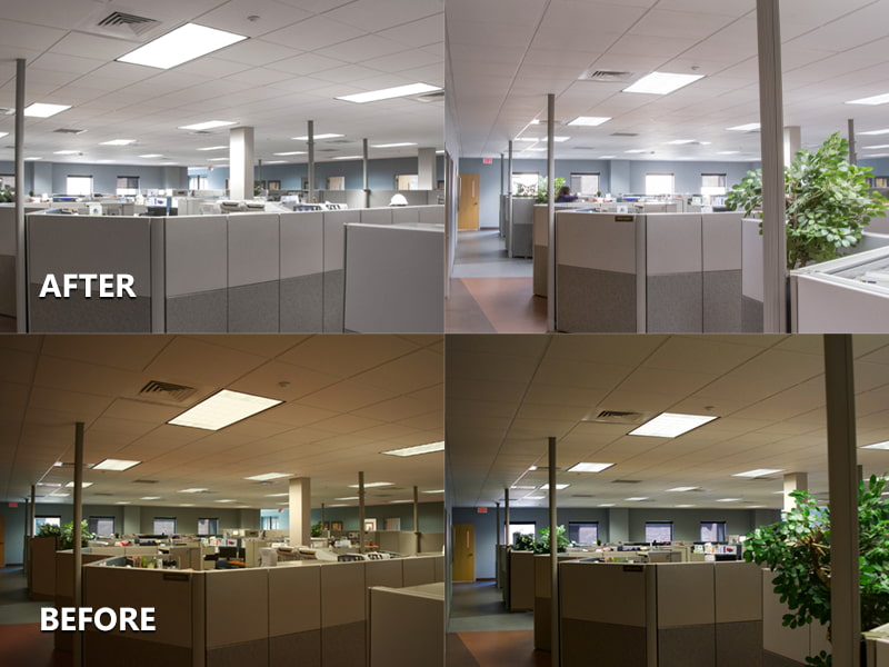 Before and after pictures showing an office building using fluorescent lighting upgraded to LEDs.